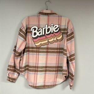 Mad Engine BARBIE Warm, Pink & Brown  Flannel Long Sleeve Button Down Shirt, M/L